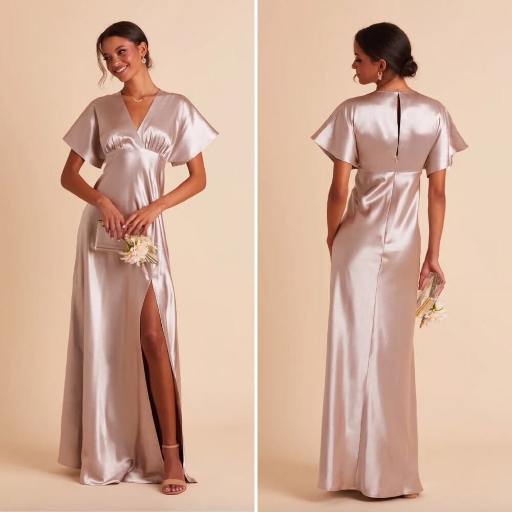 NWT BIRDY GREY Satin Champaign Bridesmaid Jesse Kimono Taupe Dress Formal Gown
